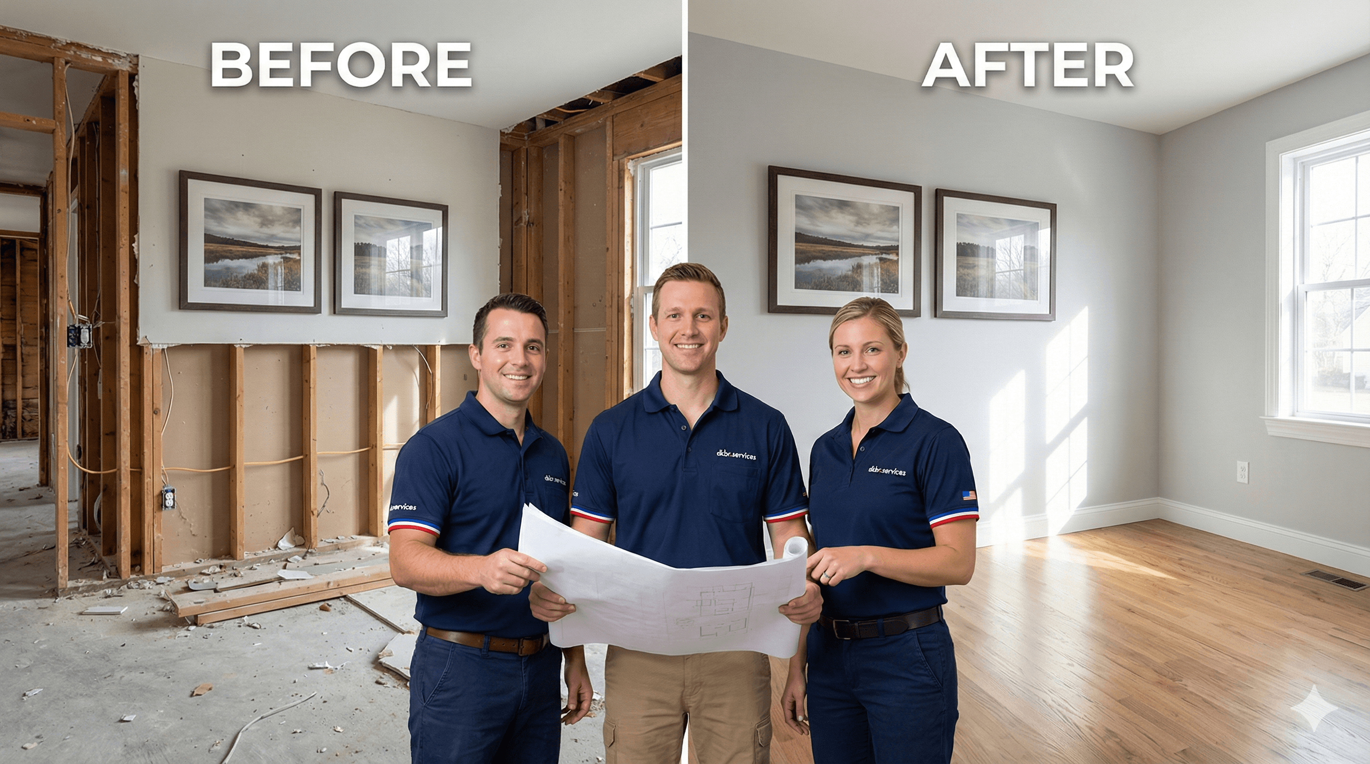 Split-scene showing the home reconstruction process, from exposed wall framing and construction debris to a fully rebuilt modern interior finished by DKBR Services tradespeople.
