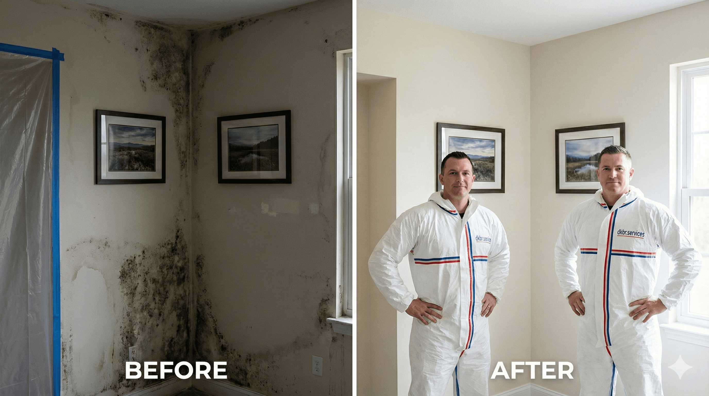 Side-by-side view of a room corner showing toxic mold growth before treatment, and the same area after professional mold remediation and repair by DKBR technicians in protective gear.
