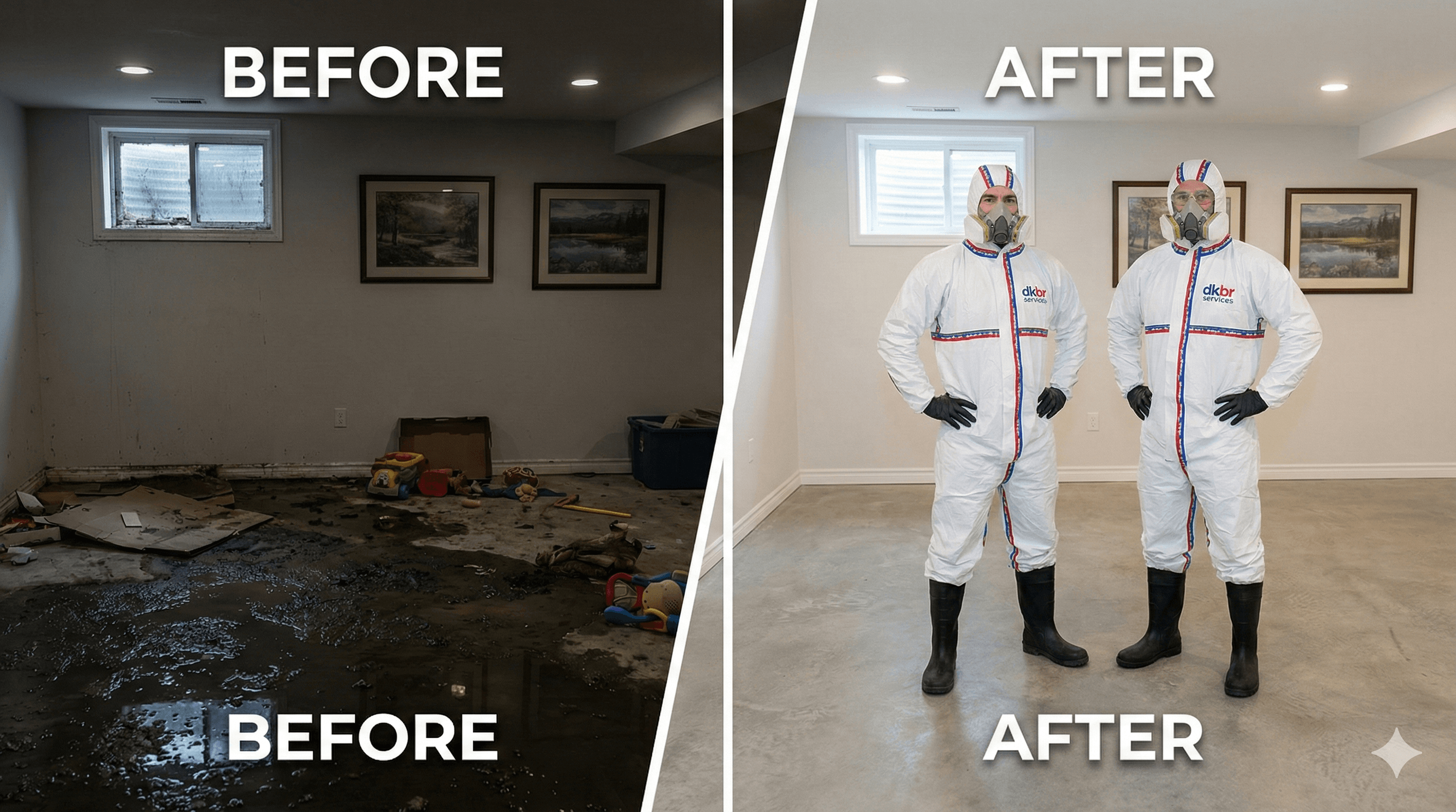 Before and after photo depicting a basement sewage backup, showing contaminated sludge removal versus the sanitized concrete floor restored by DKBR biohazard specialists.